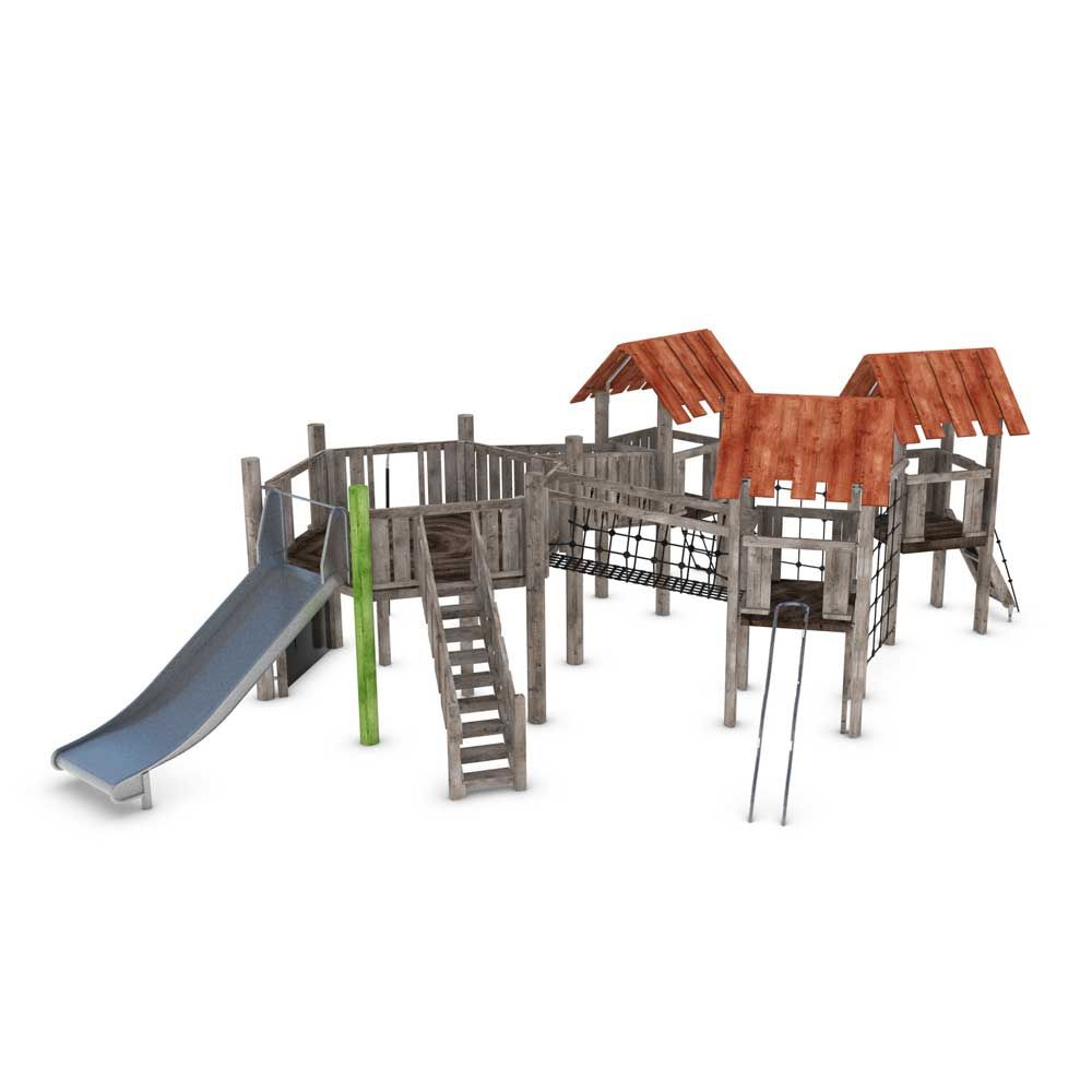 Klätterställning för lekparker. En uteprodukt med hängbro och rutschkana i metall.